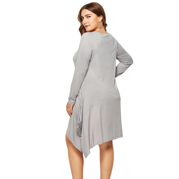 Trapeze Swing Long Sleeve Tunic Dress With Pockets Silver Grey - Picture 3 of 6